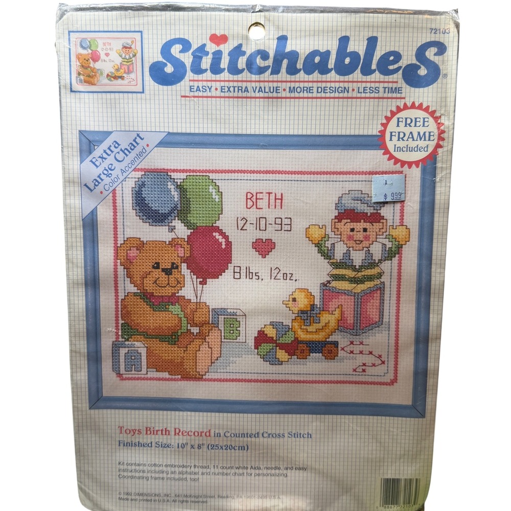 Dimensions Stitchables Toys Birth Record Cross Stitch Kit with Frame New